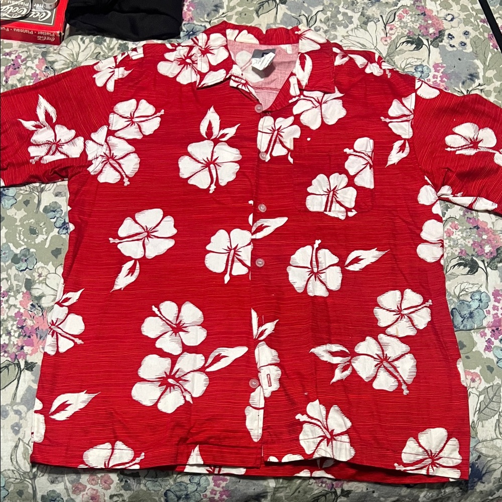 Quicksilver Red Hawaiian Floral Button-Up Shirt - Picture 1 of 4